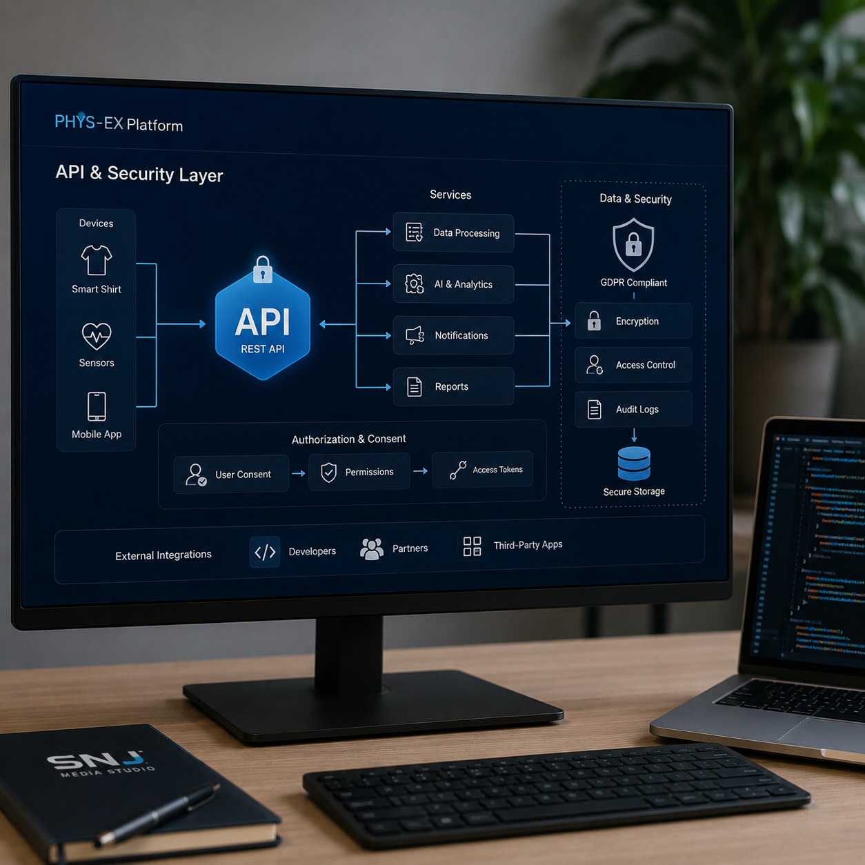 Architettura API e sicurezza dati della piattaforma PHYS-EX con consensi e autorizzazioni GDPR